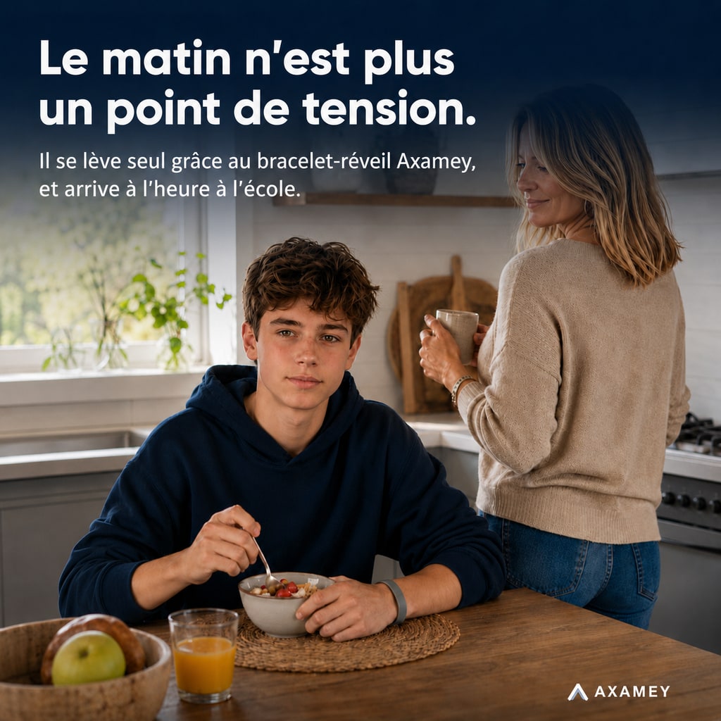 Le matin n est plus un point de tension : il déjeune calmement, le bracelet au poignet